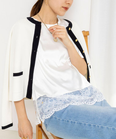 ウォッシャブル裾レースオトナサテンＴシャツ