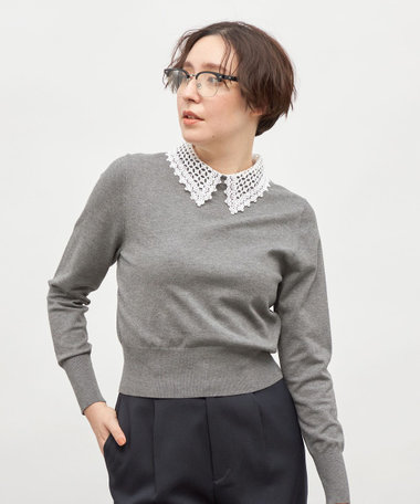 美品　ノーリーズ（NOLLEY’S）　衿端パール片畦プルオーバーニット　グレー セール】《手洗い可能》レース襟付きプルオーバーニット
