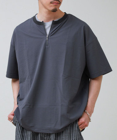 カットサッカー ハーフジップTシャツ