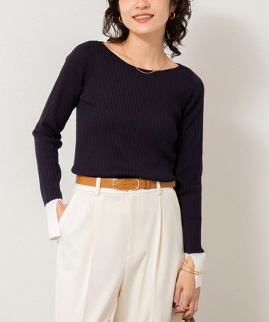 《手洗い可能》ウール混ワイドリブ袖口配色プルオーバー