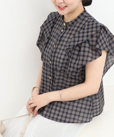 シアーチェックフリルブラウス