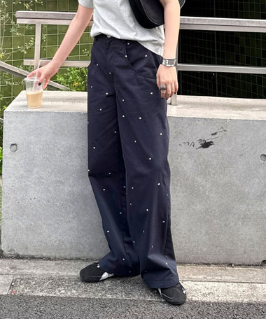 刺しゅう入りコットンツイルルーズパンツ