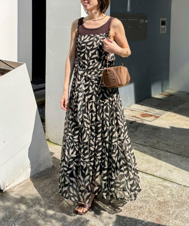 【Import Fabric】ウォッシャブル楊柳リーフ柄ウエストリボンワンピース