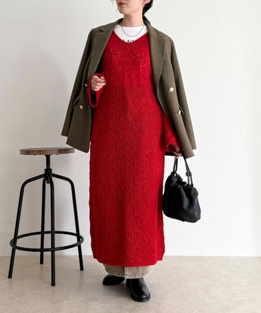 モヘヤ混透かし柄ベルスリーブワンピース