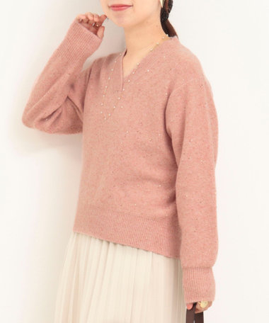 ミニスパンコールVネックプルオーバーニット