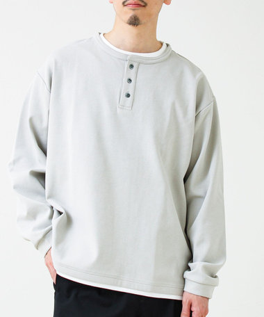 【1枚で完成する】杢ダンボール ヘンリーネックフェイクレイヤー ロンT