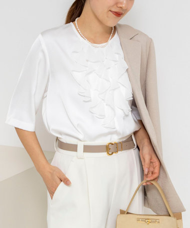 ウォッシャブルオトナサテンラッフルブラウス