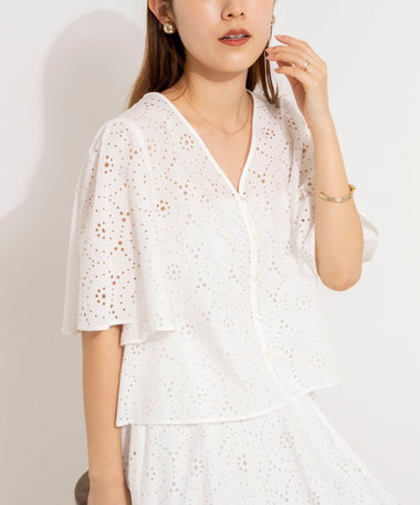 《セットアップ対応》ウォッシャブルフレアスリーブレースブラウス