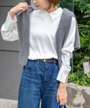 ◇【WEB限定】ウォッシャブルオトナサテン衿カフス付きＴブラウス