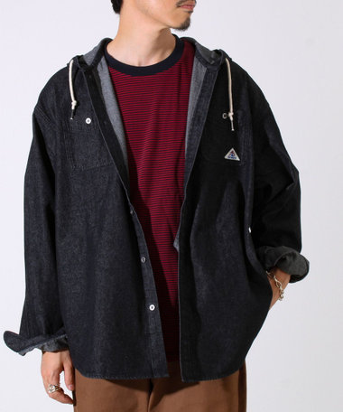 【GEVACO】デニムフーディーシャツ フード付きデニムシャツ