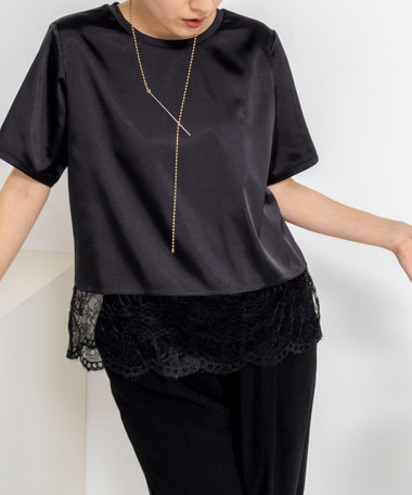 ウォッシャブル裾レースオトナサテンＴシャツ