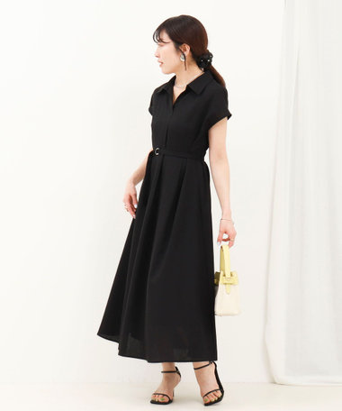 ウエストベルト開き襟ワンピース