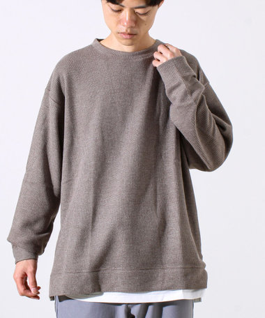 【1枚でレイヤード見え】畦ニットソー裏起毛フェイクレイヤードロングスリーブ