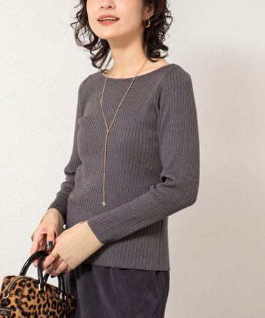 《手洗い可能》ウール混ワイドリブ袖口配色プルオーバー