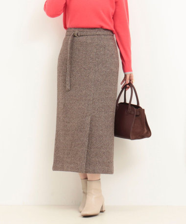 シルクネップヘリンボン柄ベルト付きスカート