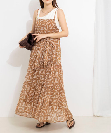 【Import Fabric】ウォッシャブル楊柳リーフ柄ウエストリボンワンピース