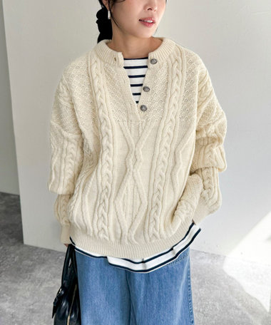 【Oldderby Knitwear】Aran＋popcorn 3Button Pullover