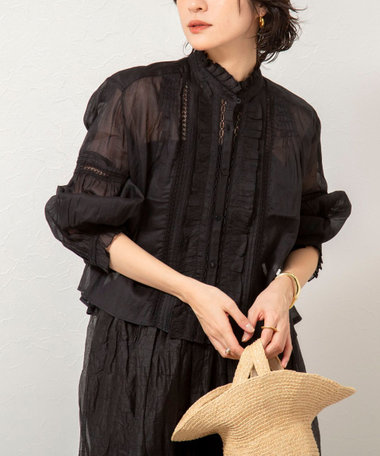 【MARILYN MOON】sheer starched cotton lace frilled ブラウス