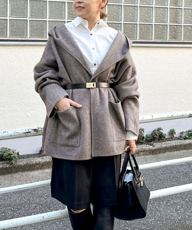 ハーフ丈フーディー リバー風ニットコート