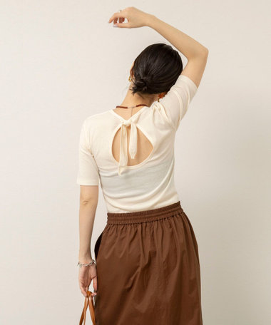 【MAQWEL/マクウェル】ウォッシャブルバックリボン五分袖プルオーバー