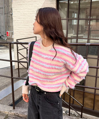 マルチボーダークロップドニットプルオーバー