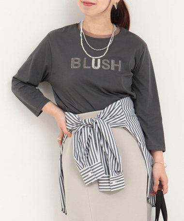 BLUSHパール+ラインストーン チュールネックラインTシャツ