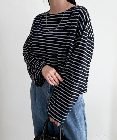 【人気商品の新型】ボーダーハートステッチルーズロンTシャツ