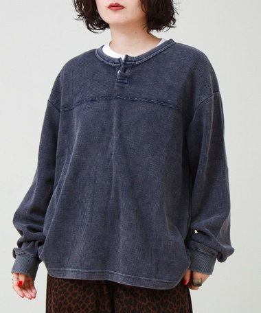【ヴィンテージライク】硫化染めワッフル ヘンリーネックロングスリーブTシャツ