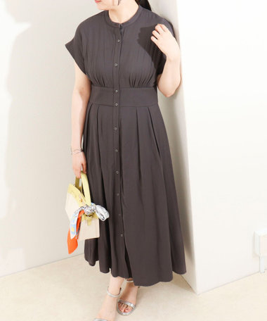 麻調フィット＆フレアワンピース