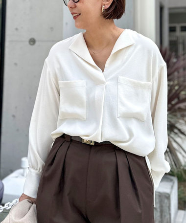 ウォッシャブルバックサテンジョーゼットオープンカラーブラウス
