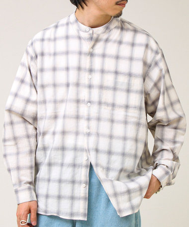 【夏まで使える】テクスチャーバンドカラーチェックシャツ