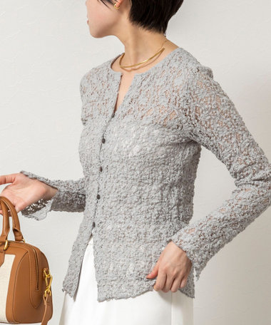 ウォッシャブルストレッチレース両前カーディガン