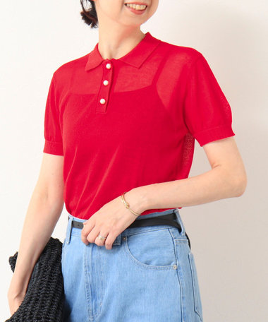 《UVカット》パール釦ポロプルオーバーニット