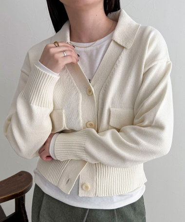 コットン衿付きVネックカーディガン