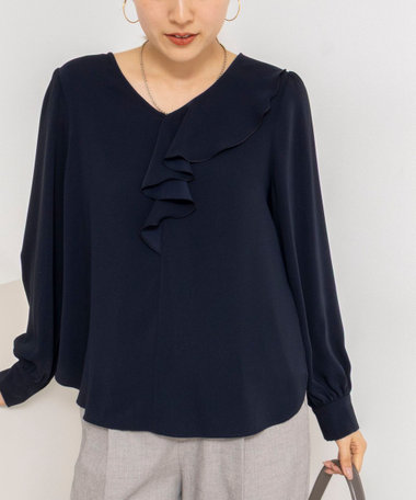 ウォッシャブルサテンアシンメトリーラッフルブラウス