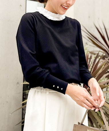 プリーツ衿取り外しプルオーバーニット