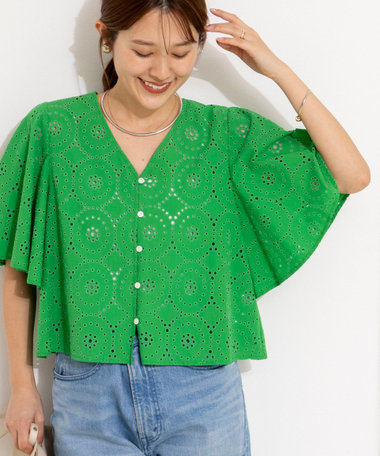 《セットアップ対応》ウォッシャブルフレアスリーブレースブラウス