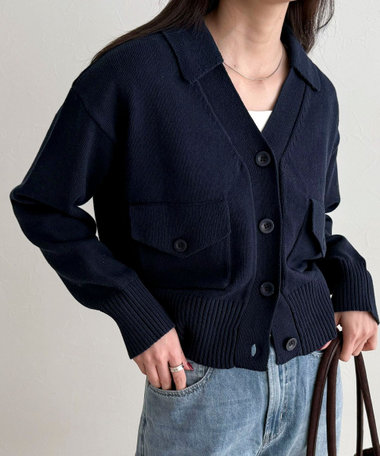 コットン衿付きVネックカーディガン