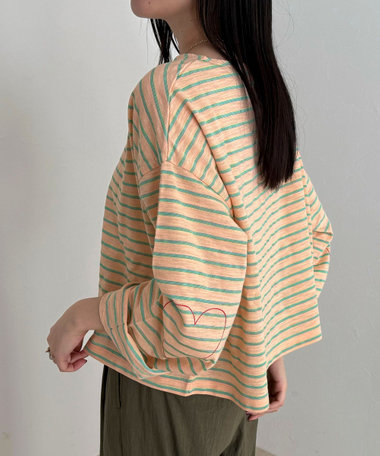 【人気商品の新型】ボーダーハートステッチルーズロンTシャツ