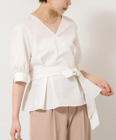 ウォッシャブルサッカーベルト付ペプラムブラウス