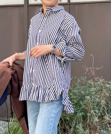 ウォッシャブル裾フリルレギュラーカラーシャツ