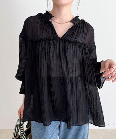 LINEN混シアー楊柳ブラウス