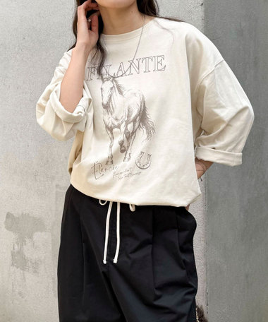 ホースプリント裾ドロストTシャツ