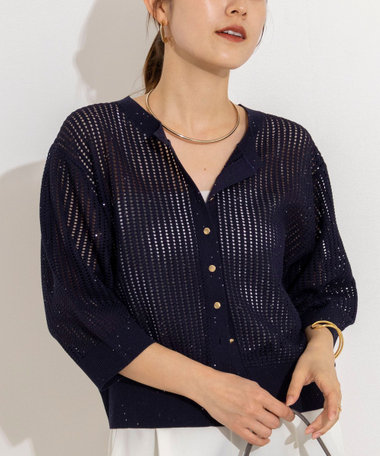 《手洗い可能》メッシュスパンコール6分袖カーディガン