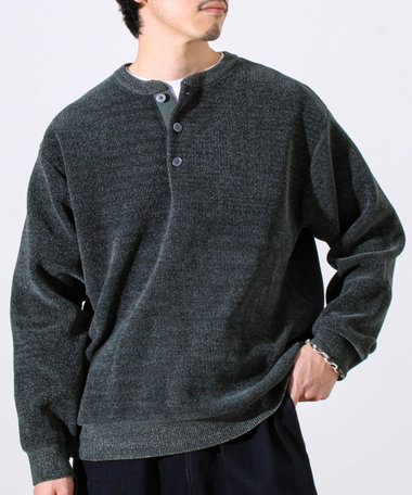 【昨年人気アイテム再登場！チクチクしないニット】モールバックボーダー ヘンリーネックニット