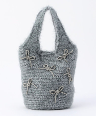 ビジューリボンニット編みトートバッグ