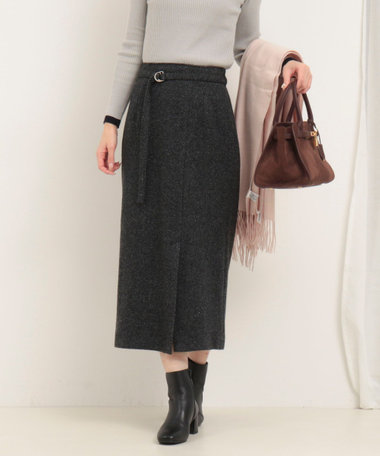 シルクネップヘリンボン柄ベルト付きスカート