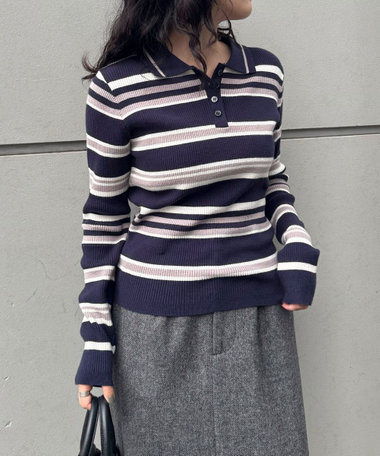 マルチボーダー衿付きリブニット