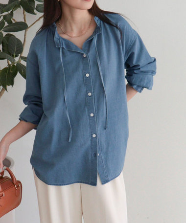 シアーデニムフリルカラーブラウス