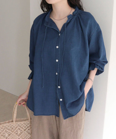 シアーデニムフリルカラーブラウス